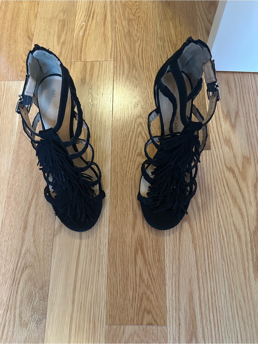 Antonio Melanie Black Fringe Strappy High Heels 6.5